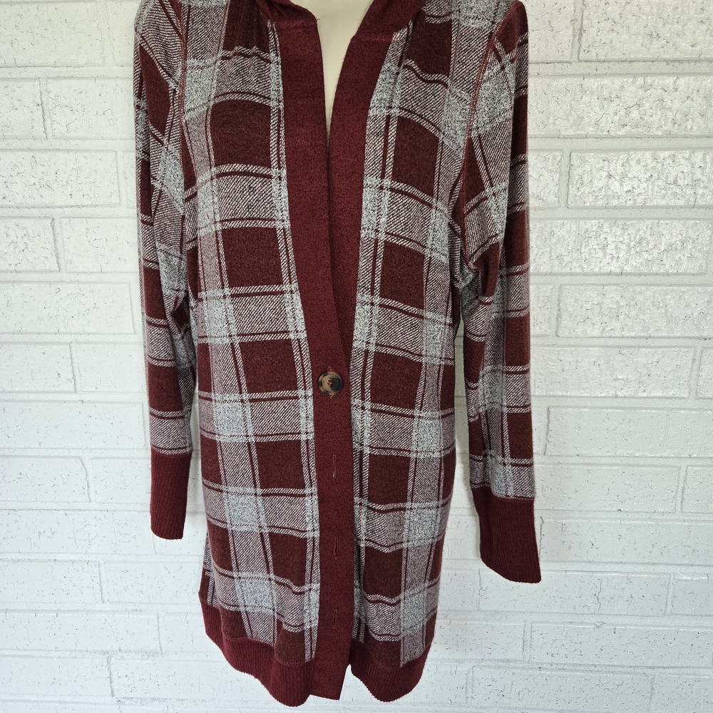 1170 Maurices brand cardigan.  Maurices Burgundy and Gray Plaid Cardigan